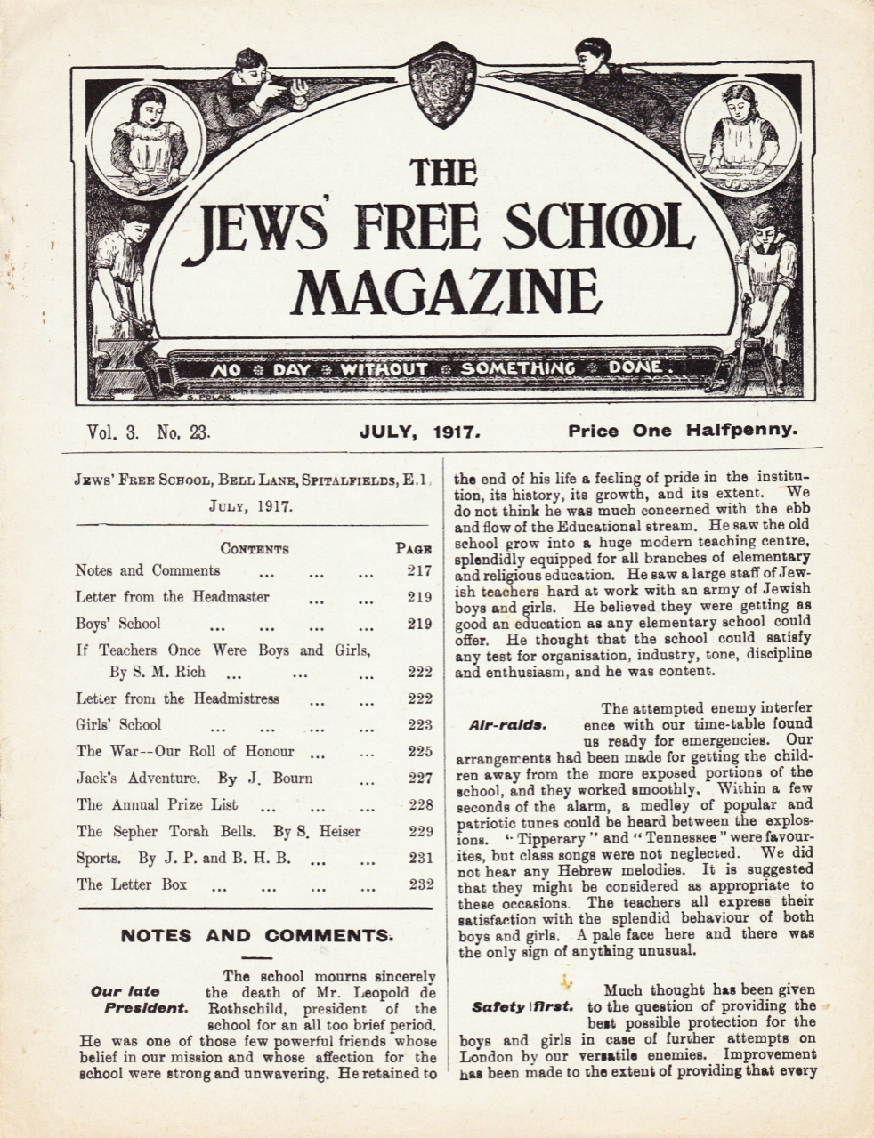 Cover. The Jews Free School, July 1917. Vol 3 Nº 23. Reproduced by kind permission of the Trustees of JFS,  © 2017