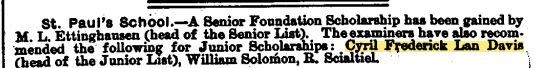 St Paul's School Scholarship - JC 16/09/1898