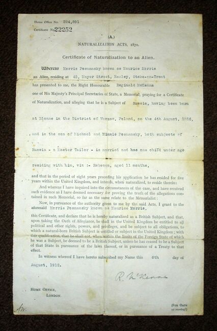 Naturalisation Certificate 1912