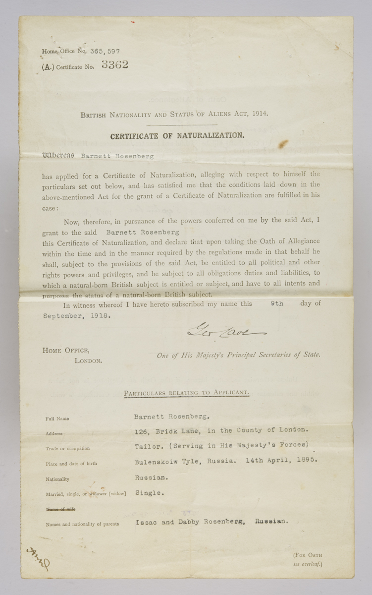Certificate of naturalization  of Barnett Rosen (Rosenberg). ©Jewish Museum London/Jewish Military Museum