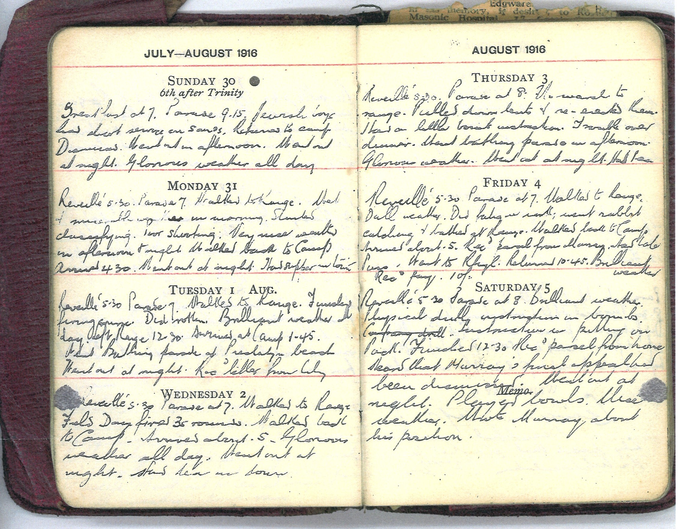 Extract from Laurence's Diary July-August 1916