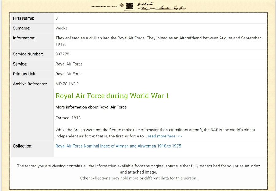 Service Record from Forces War Records