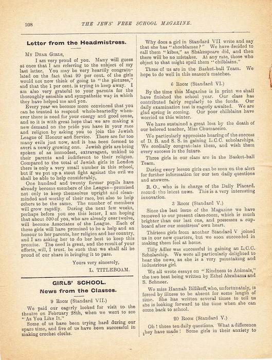 The Jews Free School Magazine, March 1917. Vol 3 Nº 22. Reproduced by kind permission of the Trustees of JFS,  © 2017