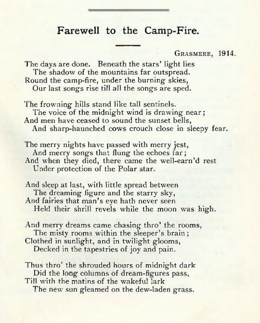 Poem entitled "Farewell to the Camp-Fire – Grasmere 1914" published in 'Ulula', Manchester Grammar School's magazine, in October 1914