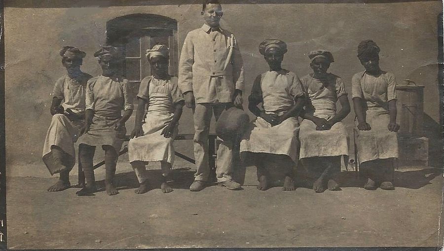 Hyman with native workers, Landi Kotal, NW Frontier, India, 1919