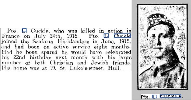 Louis Cuckle in the Hull Daily Mail 17th August 1916, British Newspaper Archive