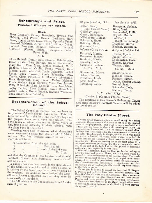 The Jews Free School Magazine, July 1915. Vol 2 Nº17. Reproduced by kind permission of the Trustees of JFS,  © 2017