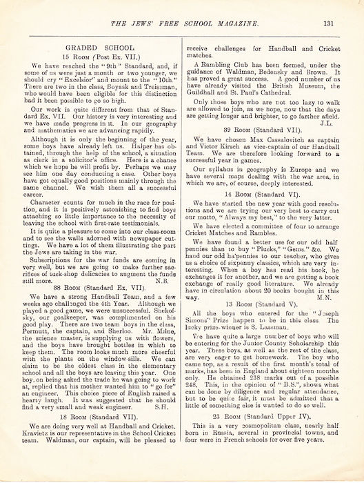 The Jews Free School Magazine, July 1915. Vol 2 Nº17. Reproduced by kind permission of the Trustees of JFS,  © 2017