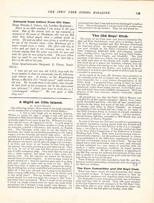 The Jews Free School Magazine, July 1915. Vol 2 Nº17. Reproduced by kind permission of the Trustees of JFS,  © 2017