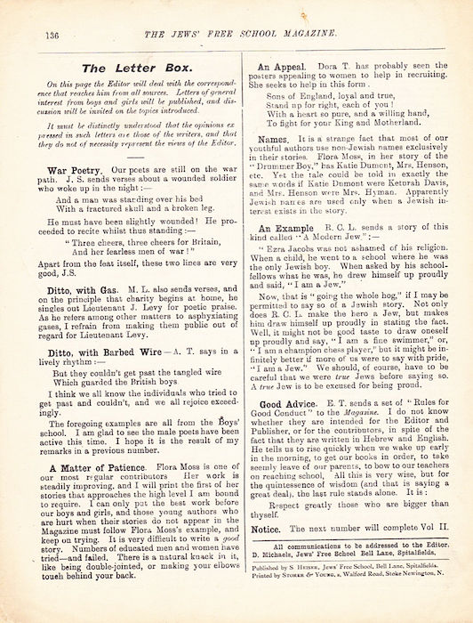 The Jews Free School Magazine, July 1915. Vol 2 Nº17. Reproduced by kind permission of the Trustees of JFS,  © 2017
