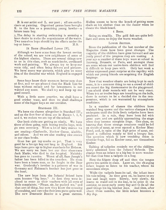 The Jews Free School Magazine, July 1915. Vol 2 Nº17. Reproduced by kind permission of the Trustees of JFS,  © 2017