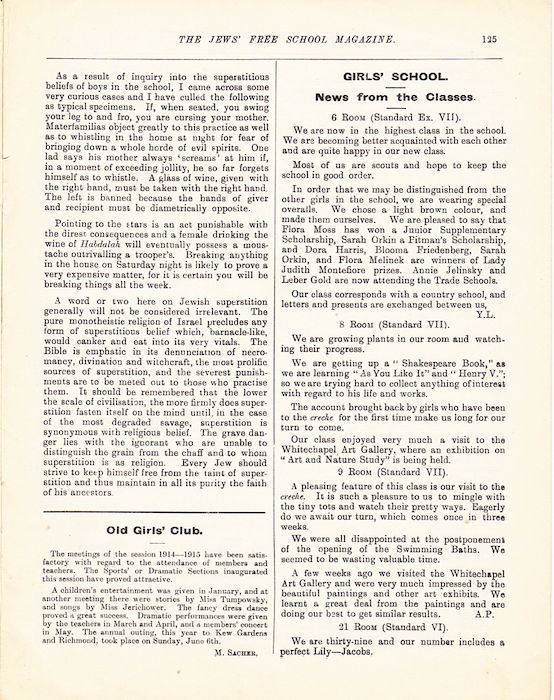 The Jews Free School Magazine, July 1915. Vol 2 Nº17. Reproduced by kind permission of the Trustees of JFS,  © 2017
