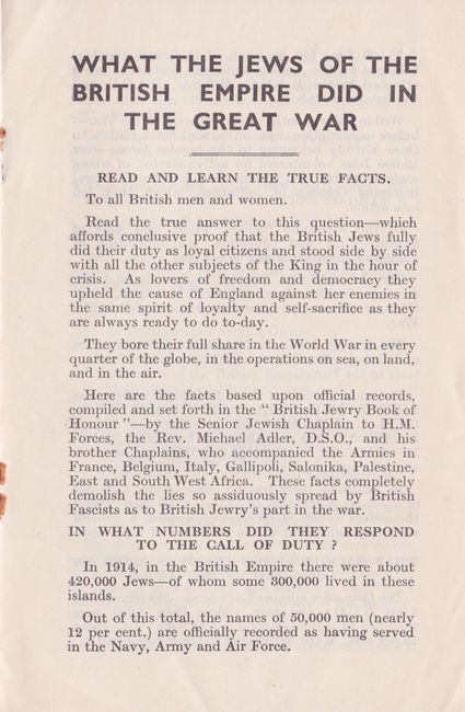 What the Jews of the British Empire did in the Great War. Read and Learn the True Facts.  Jonathan Fishburn Collection