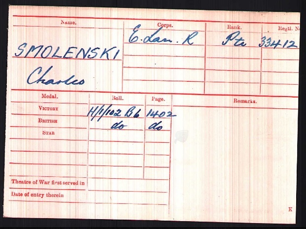 WW1 Medal Roll Index Card