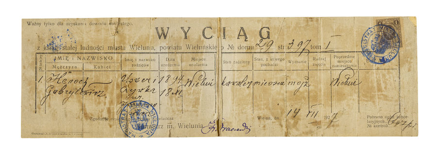Extract of Polish register of births in Wielun, central Poland for Henoch Gabrilovitz, who served with The Zion Mule Corps. in Gallipoli in 1915. ©Jewish Museum London/Jewish Military Museum