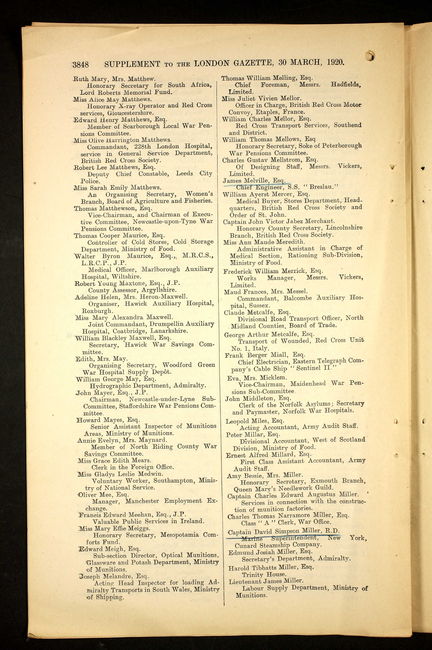 London Gazette March 1920 - Maud mentioned in the Roll of Honour