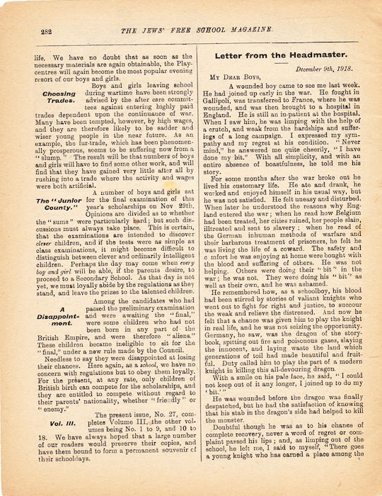The Jews Free School Magazine, December 1918. Vol 3 Nº 27. Reproduced by kind permission of the Trustees of JFS,  © 2017