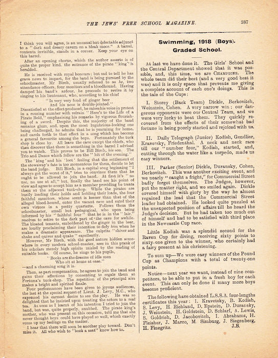 The Jews Free School Magazine, December 1918. Vol 3 Nº 27. Reproduced by kind permission of the Trustees of JFS,  © 2017