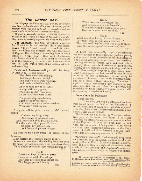 The Jews Free School Magazine, December 1918. Vol 3 Nº 27. Reproduced by kind permission of the Trustees of JFS,  © 2017