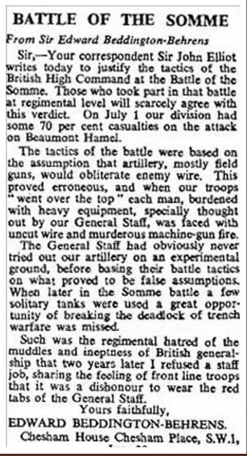 Letter written to the Times regarding the Battle of the Somme