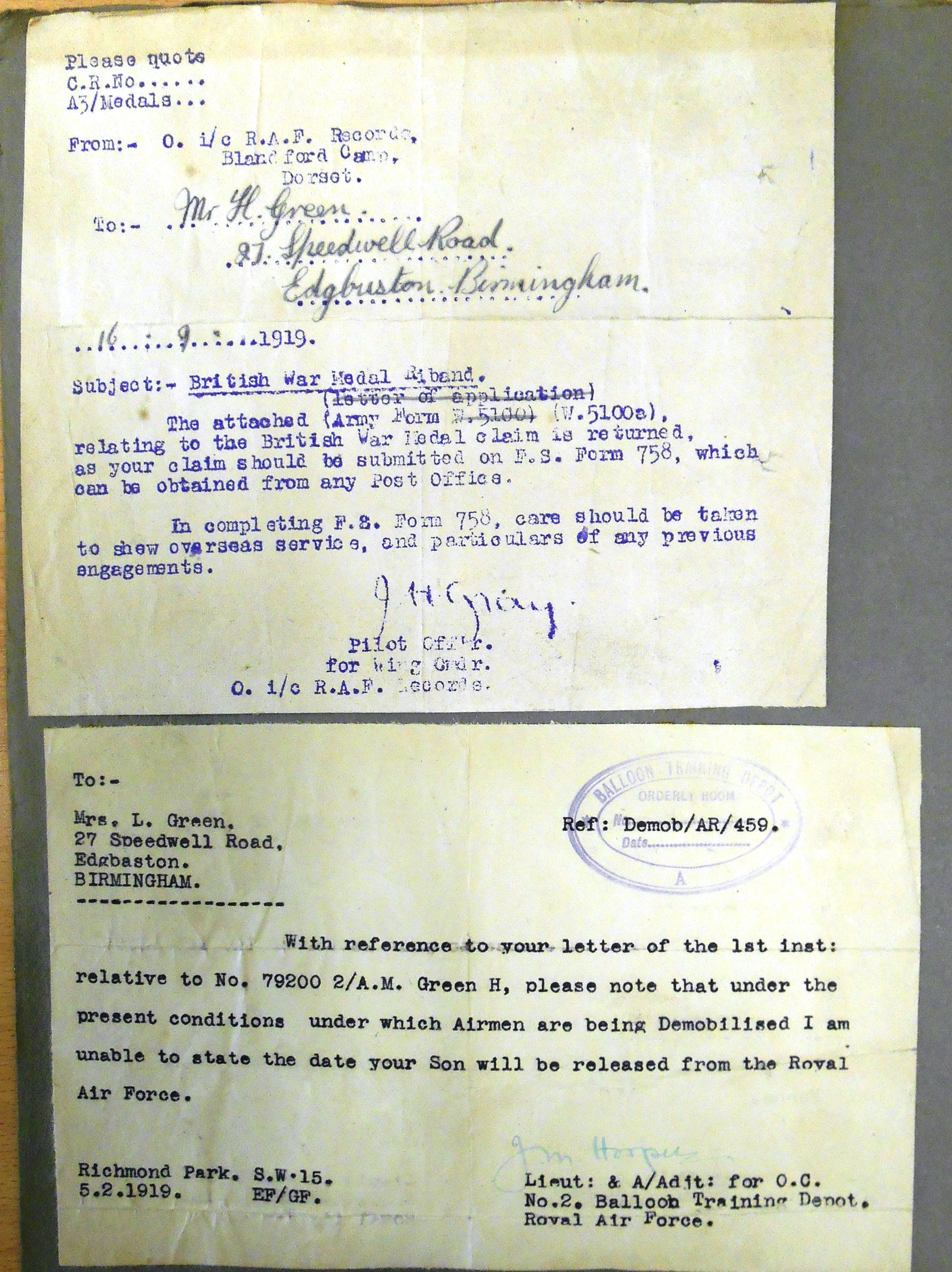Letter with instructions on how to apply for the British War Medal, and a response from the Balloon Training Depot advising Harry's mum when he was likely to be home
