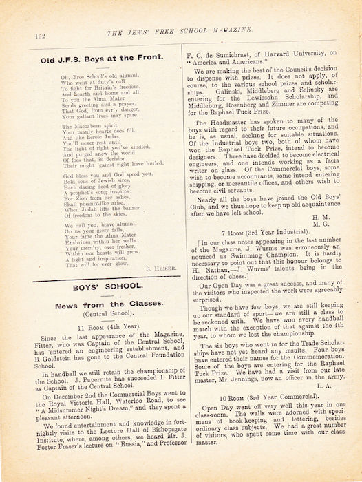 The Jews Free School Magazine, March 1916. Vol 3 Nº19. Reproduced by kind permission of the Trustees of JFS,  © 2017