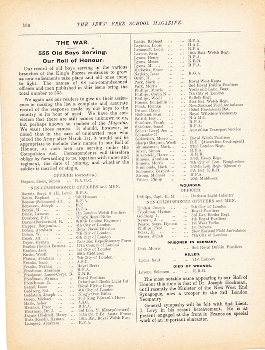 The Jews Free School Magazine, March 1916. Vol 3 Nº19. Reproduced by kind permission of the Trustees of JFS,  © 2017