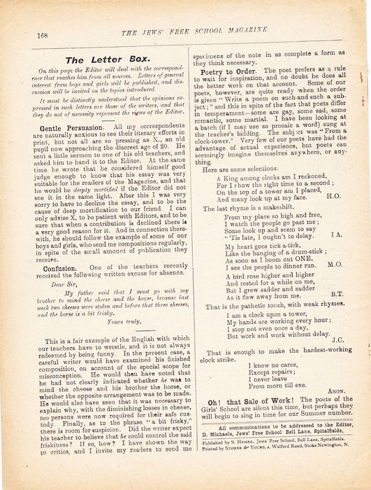 The Jews Free School Magazine, March 1916. Vol 3 Nº19. Reproduced by kind permission of the Trustees of JFS,  © 2017