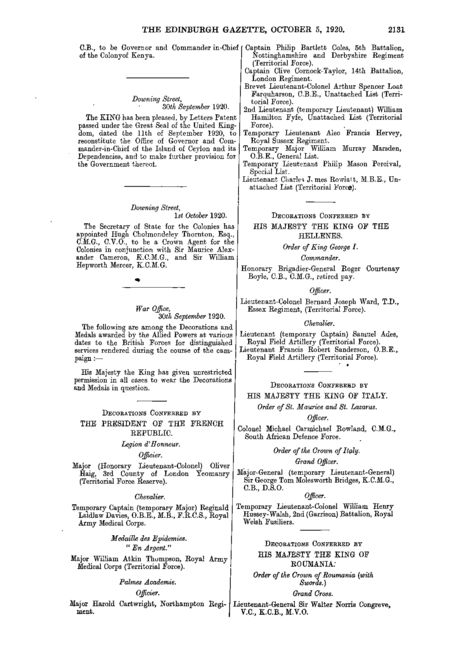 Edinburgh Gazette 5th October 1920 - Order of King George I