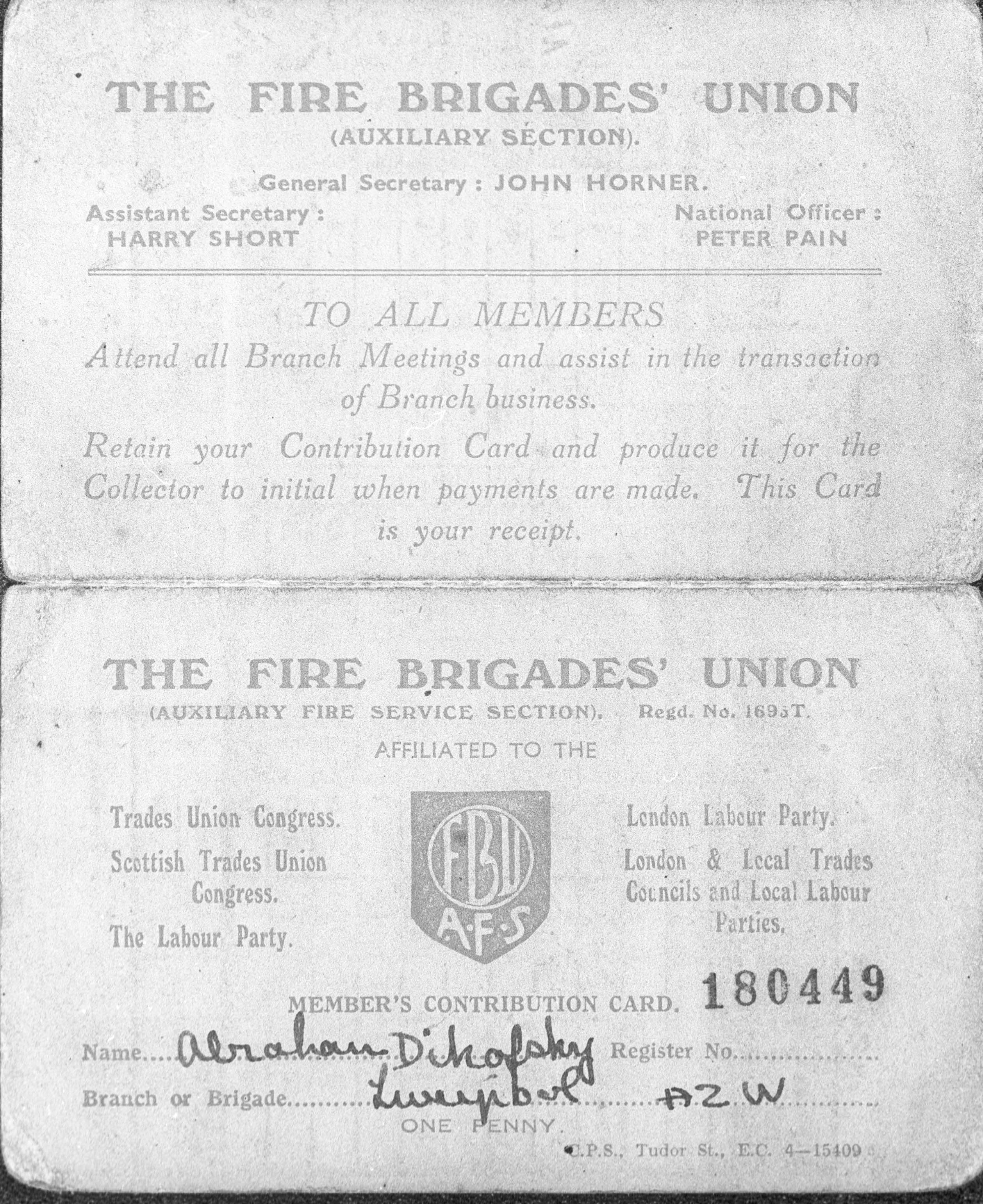 Member's contribution card of the Fire Brigade's Union, issued to Abraham Dikofsky who worked in the fire service in the dock area of Liverpool during the FWW. (Manchester Jewish Museum)