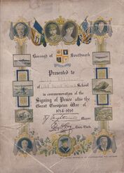 Lily's certificate commemorating the end of the war from Old Kent Road School