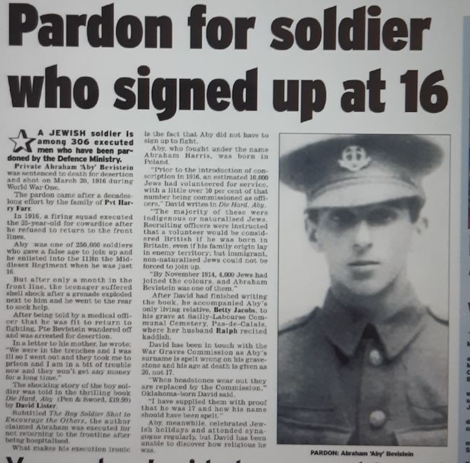 Jewish Telegraph article August 2022 - Abraham one of 306 executed soldiers pardoned by the Defence Ministry