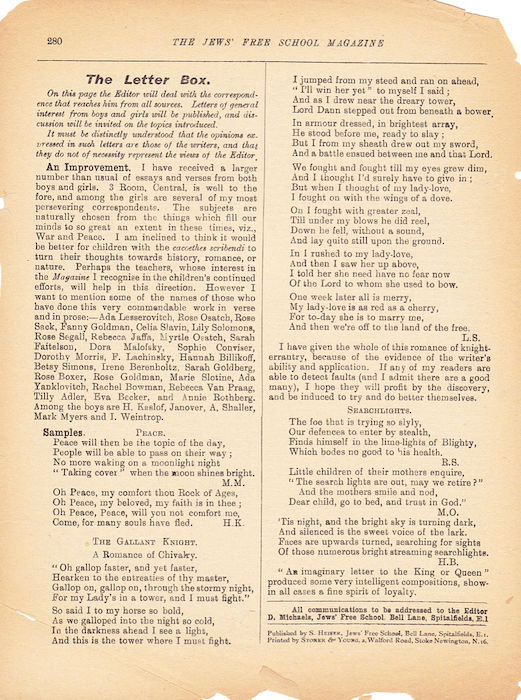 The Jews Free School Magazine, July 1918. Vol 3 Nº 26. Reproduced by kind permission of the Trustees of JFS,  © 2017