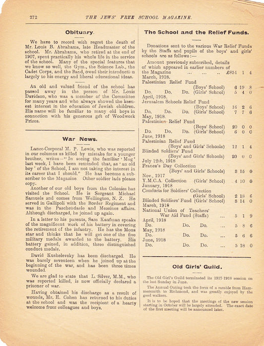 The Jews Free School Magazine, July 1918. Vol 3 Nº 26. Reproduced by kind permission of the Trustees of JFS,  © 2017