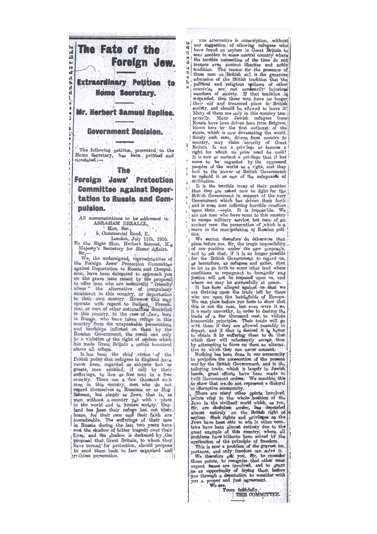 Foreign Jews Protection Committee petition. East London Observer, 5 August 1916. Courtesy of Tower Hamlets Library.