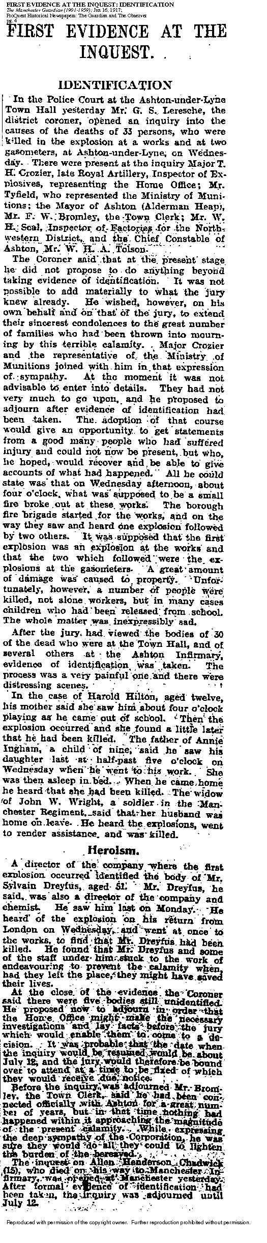 Manchester Guardian article - First Evidence at the Inquest, 16th June 1917