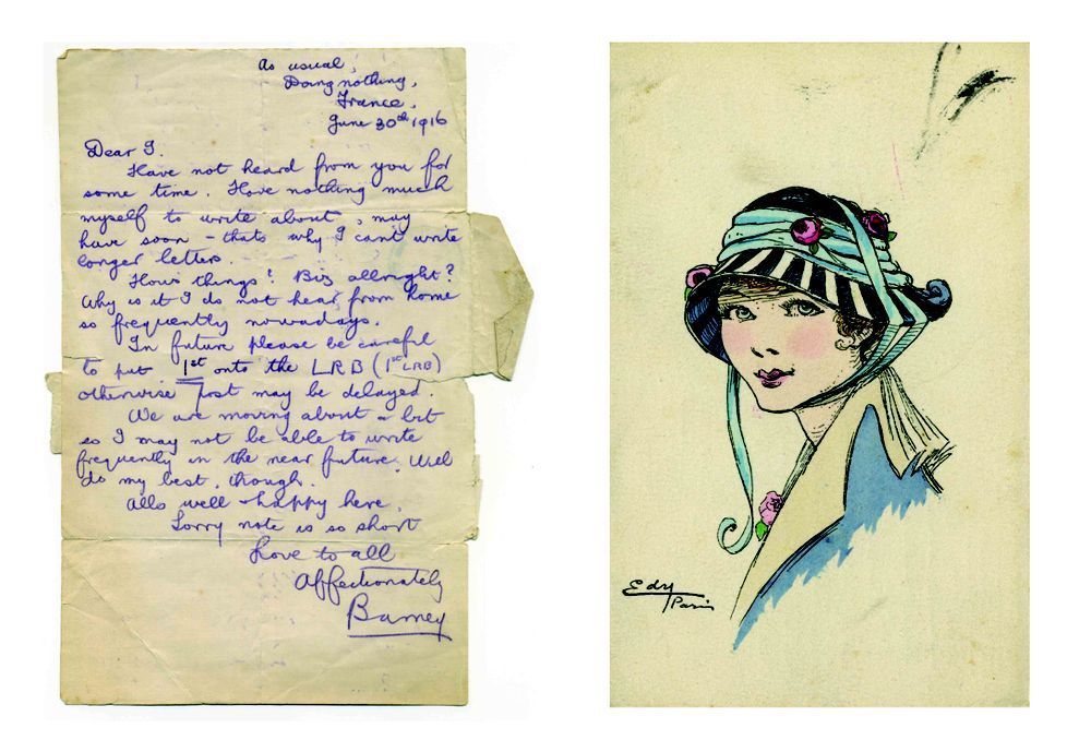 'As usual', last letter and postcard sent home by Rifleman Barney Griew, Somme Valley, 30th June 1916