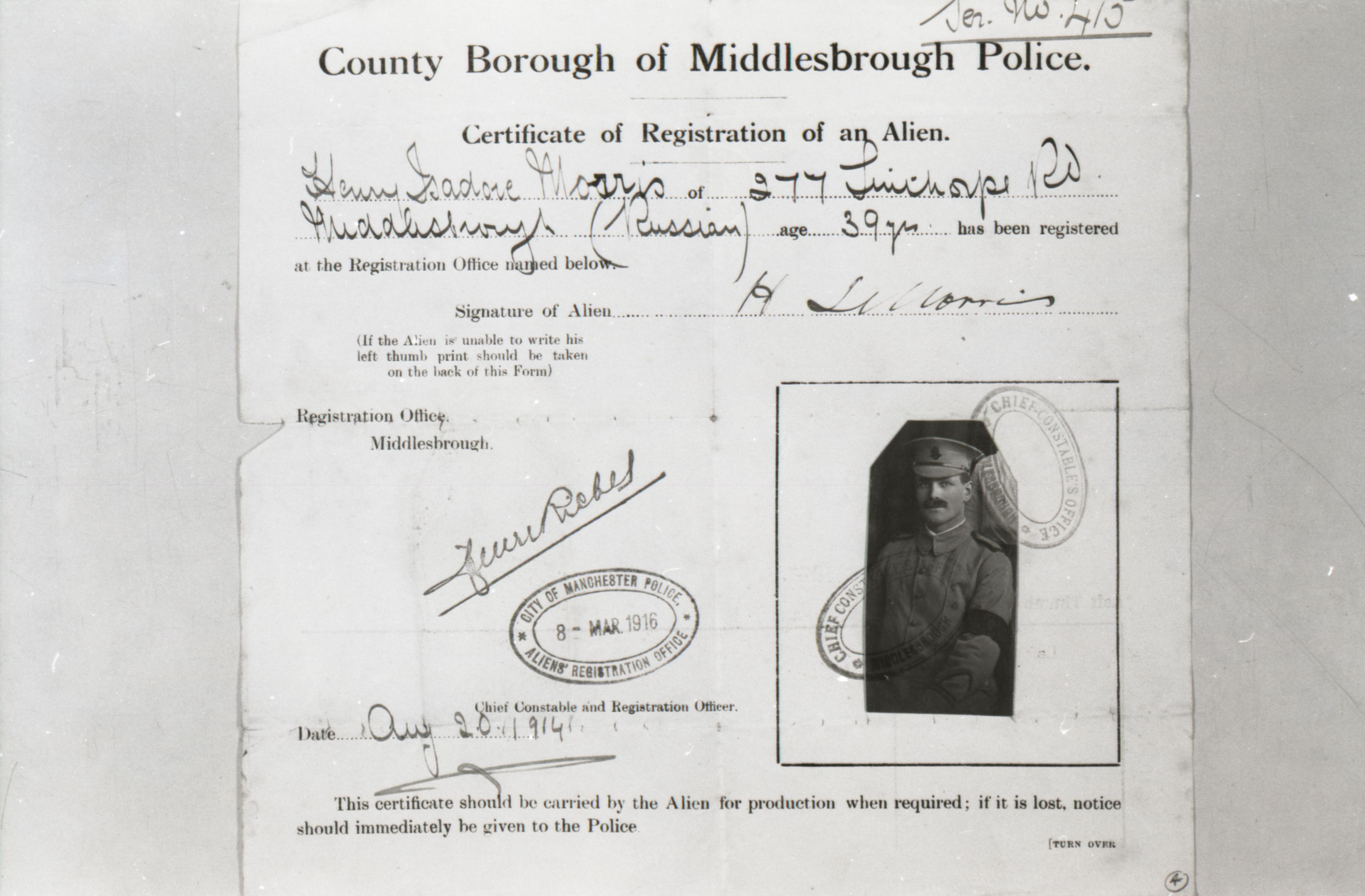 Harry Morris' Certificate of Alien Reg. Middlesbrough 1914, courtesy of Manchester Archives