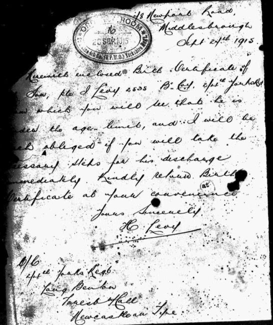 Herman Levy's letter to the  Army 27 Sept 1915
