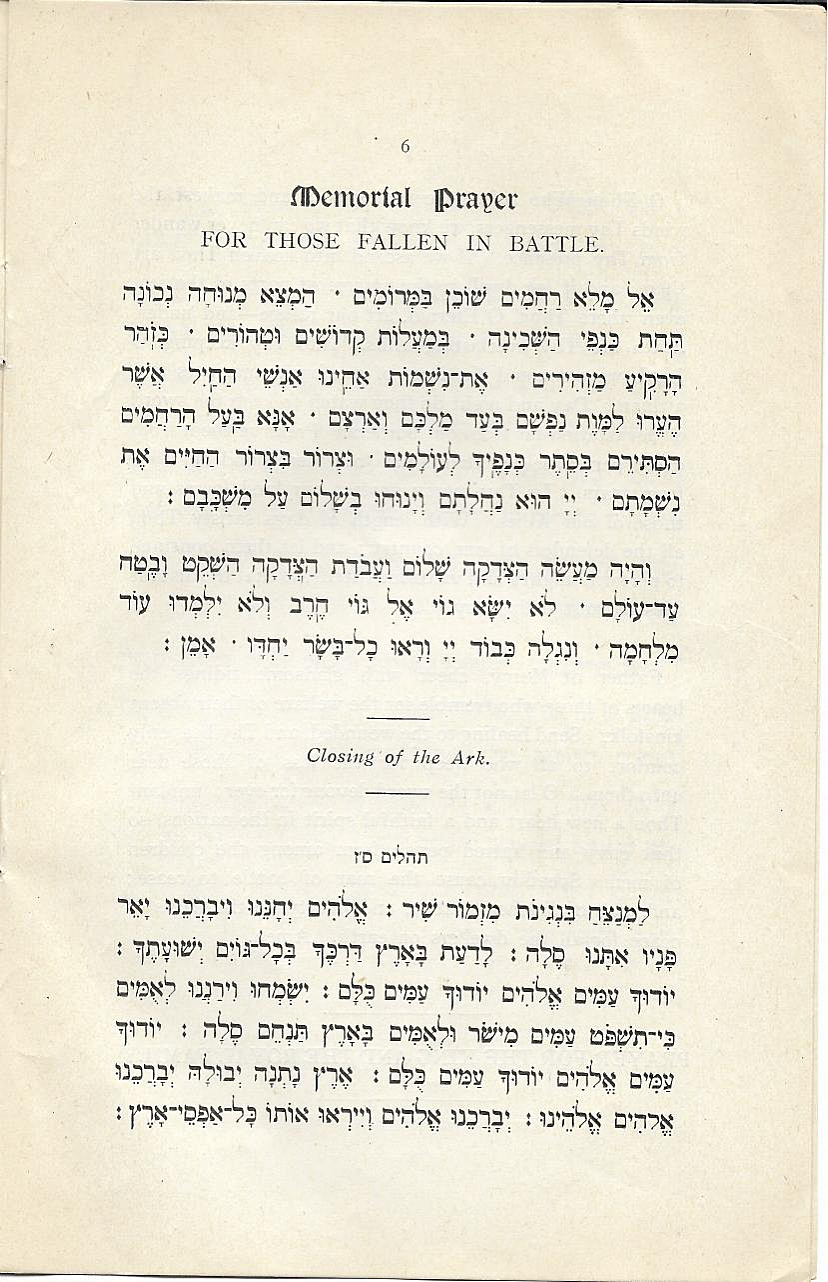 Order of Service for the day of Prayer and Thanksgiving. Chief Rabbi. 1918