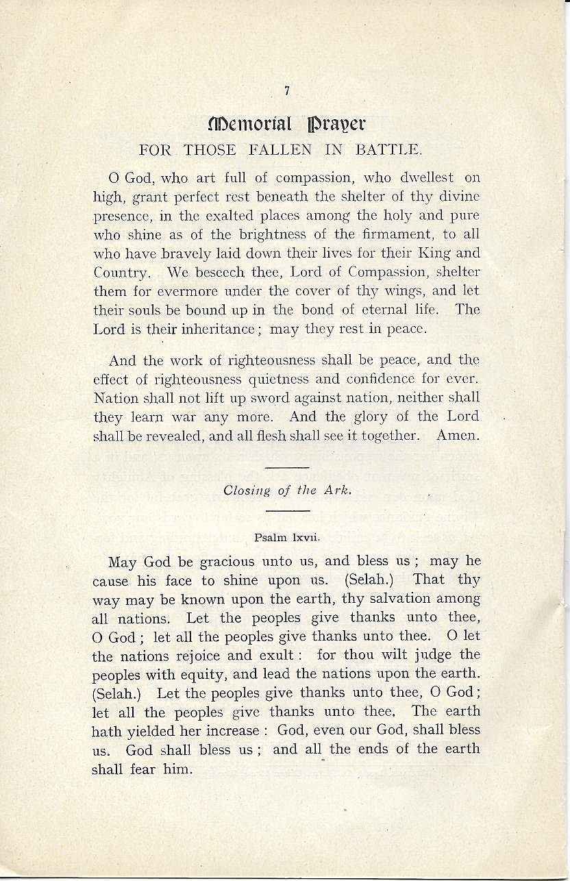 Order of Service for the day of Prayer and Thanksgiving. Chief Rabbi. 1918
