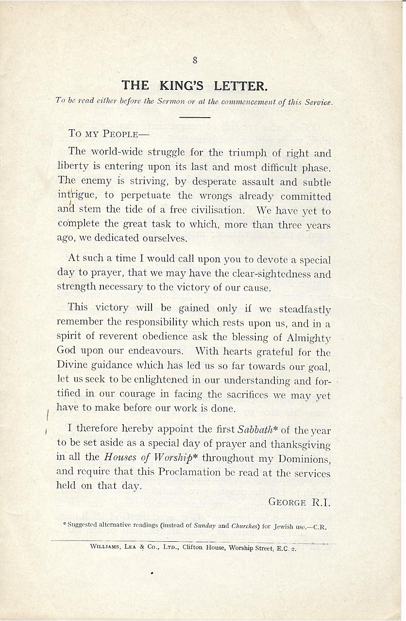 Order of Service for the day of Prayer and Thanksgiving. Chief Rabbi. 1918