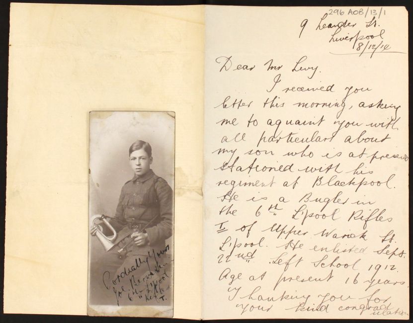 Letter sent to Mr Levy by Joe's father in 1914