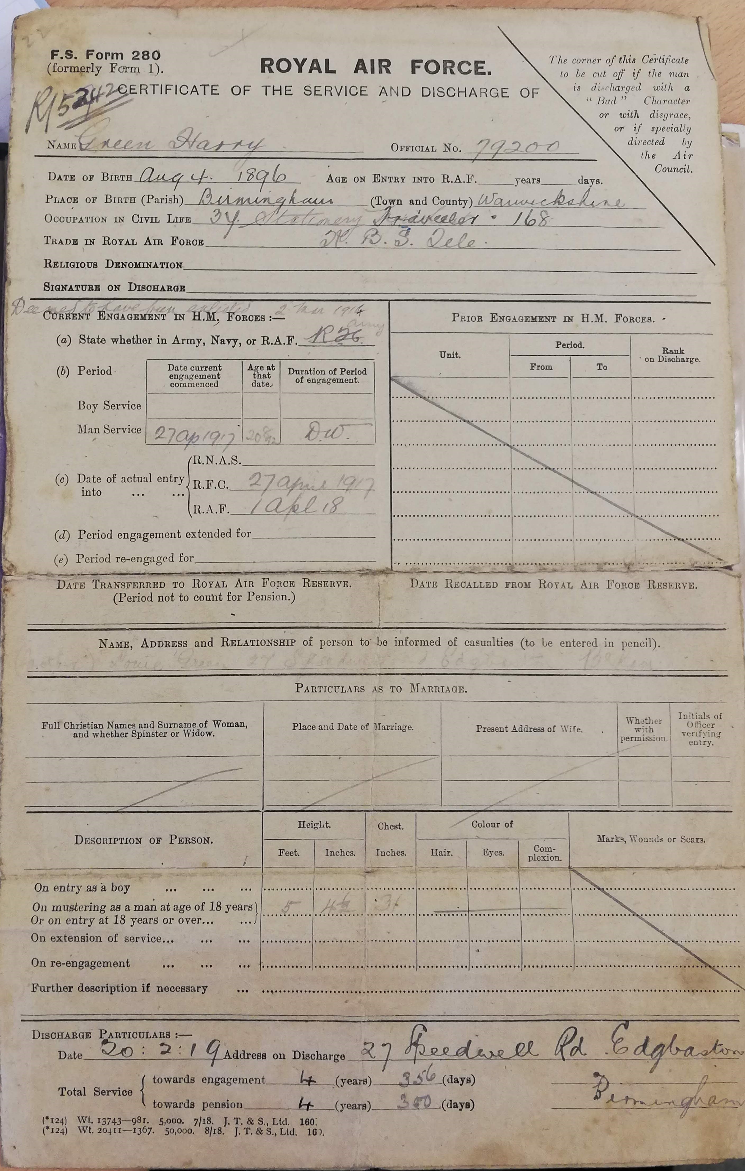 RAF Certificate of Service 