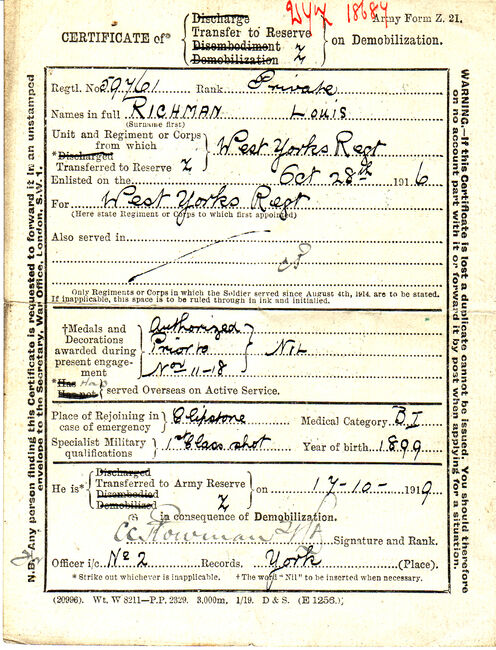 Certificate of Transfer to reserve on Demobilization
