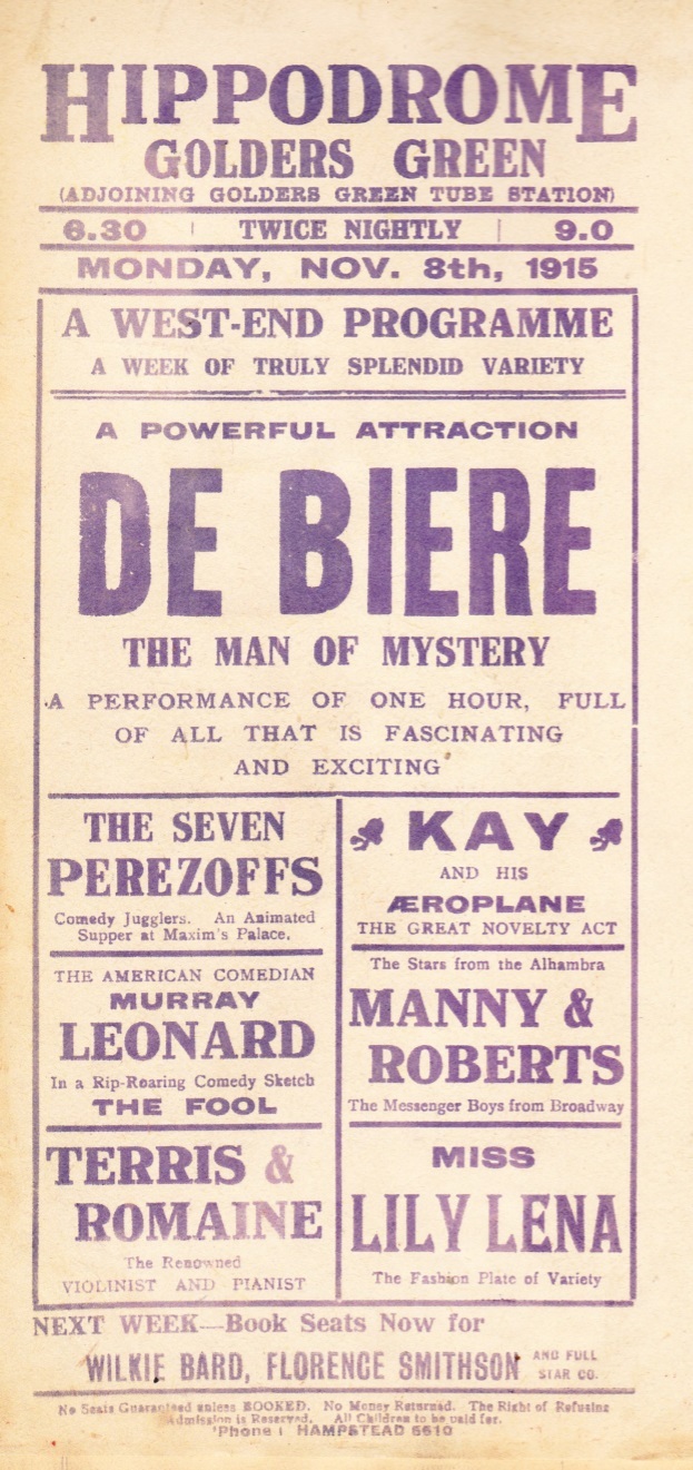 1915.11.08 Golders Green Hippodrome Playbill
