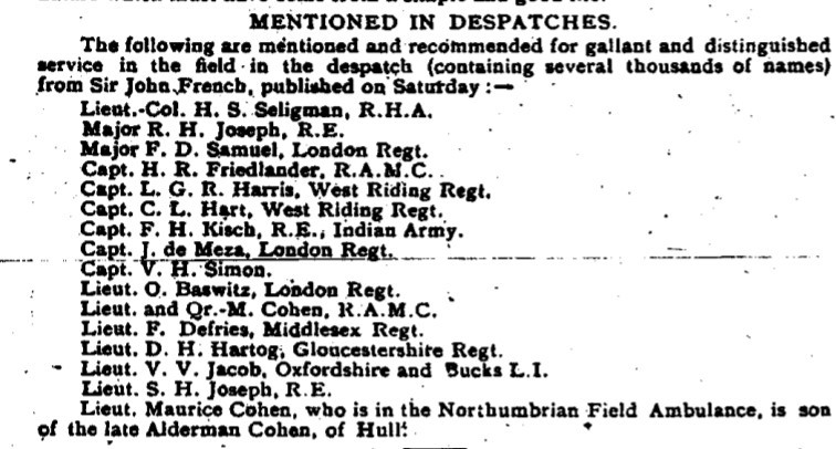 Announcement of mention in despatches, Jewish Chronicle Jan 1916