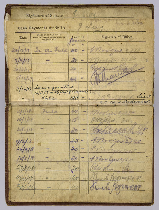 Soldier's Pay Book for use on Active Service - AC2 Josiah Levy, RFC. ©Jewish Museum London/Jewish Military Museum	