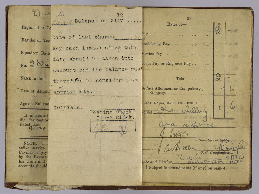 Soldier's Pay Book for use on Active Service - AC2 Josiah Levy, RFC. ©Jewish Museum London/Jewish Military Museum	