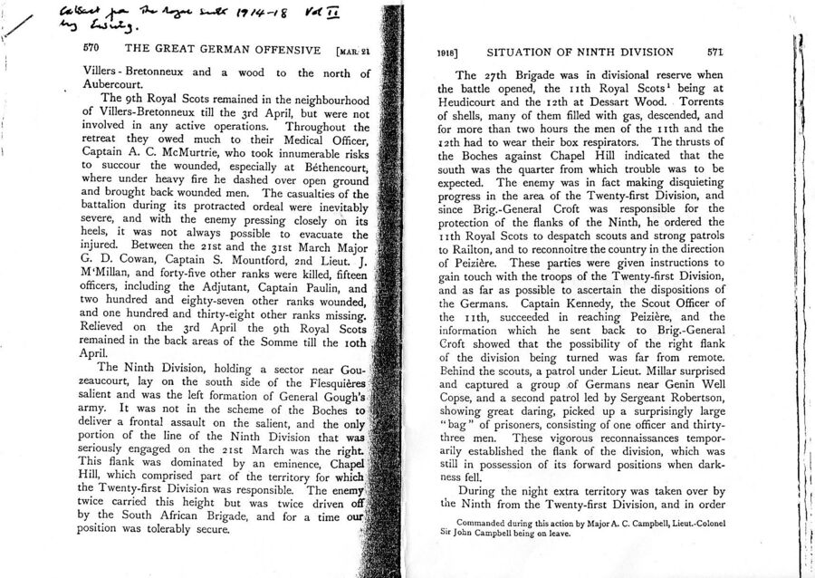 The Great German Offensive March 21 1918 extract from War Diary of The Royal Scots 1914-1918 Vol II by Ewing